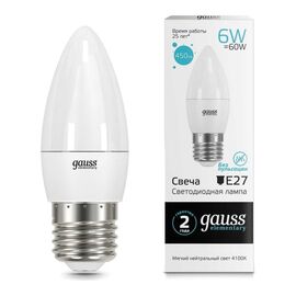  Лампа Gauss Elementary (33226) светодиодная 6Вт цок. E27 свеча 220B 4100K св.свеч.бел.нейт. C37 (упак. 10шт) 