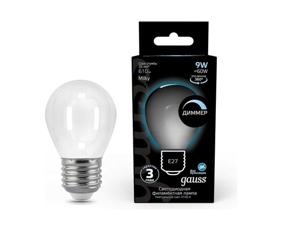  Лампа Gauss Filament (105202209-D) светодиодная 9Вт цок. E27 шар 220B 4100K св.свеч.бел.нейт. (упак. 10шт) 