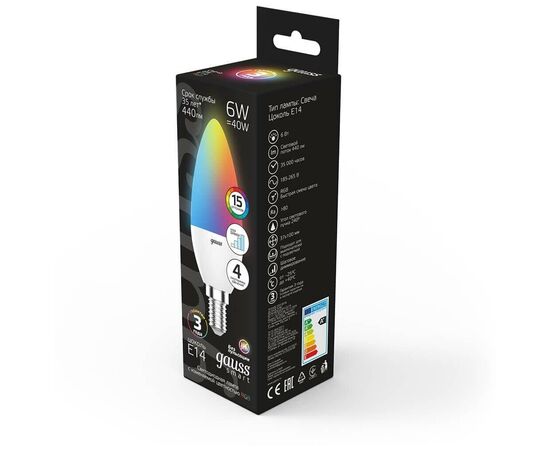  Лампа светодиодная Gauss 103101406 6Вт цок.E14 свеча 220B св.свечения RGB уп/1шт 