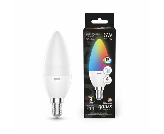  Лампа светодиодная Gauss 103101406 6Вт цок.E14 свеча 220B св.свечения RGB уп/1шт 