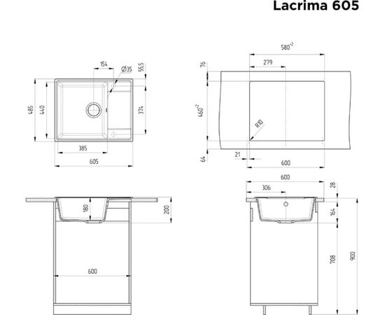  Кухонная мойка MAUNFELD Lacrima 605 MFQS-605DGR темно-серый 