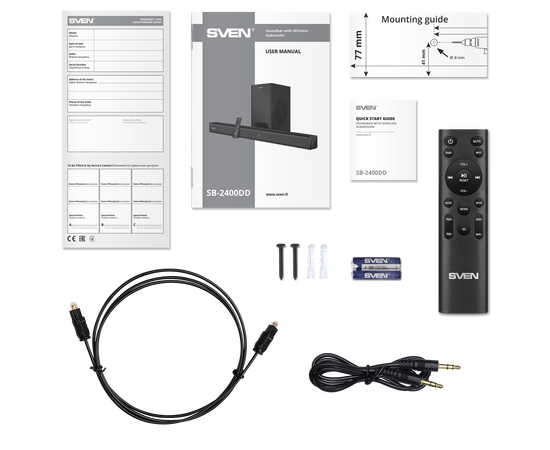  Саундбар SVEN SB-2400DD, черный (400Вт, DD, BT, HDMI, ПДУ, Optical, USB, дисплей, беспроводной сабвуфер) 