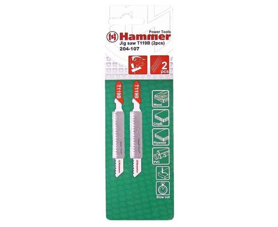  Пилка для лобзика Hammer Flex 204-107 JG WD-PL T119B мягк.дерпл, 80мм, шаг 2мм, HCS, 2шт. 